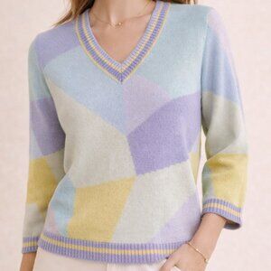 St. John Sport Santana Knit Geometric Colorblock V-Neck Sweater S